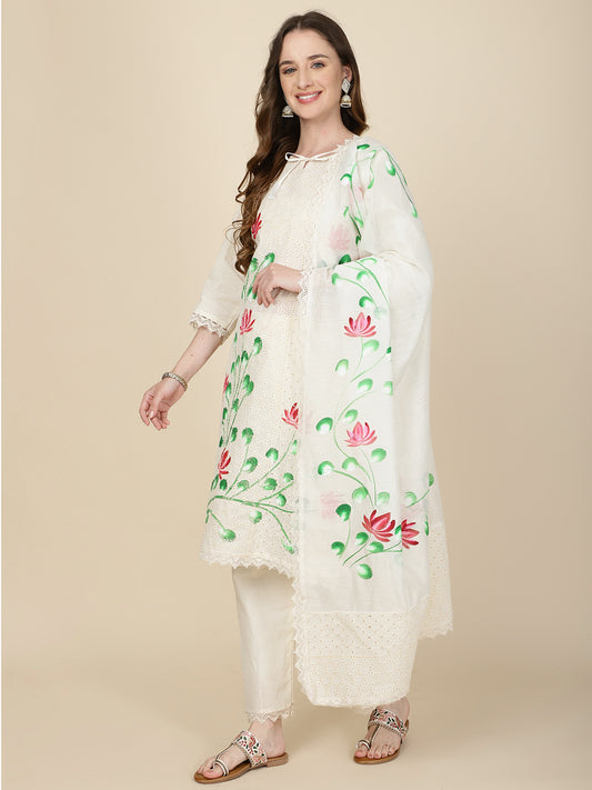 Floral Printed Cotton Kurta With Pants & Dupatta