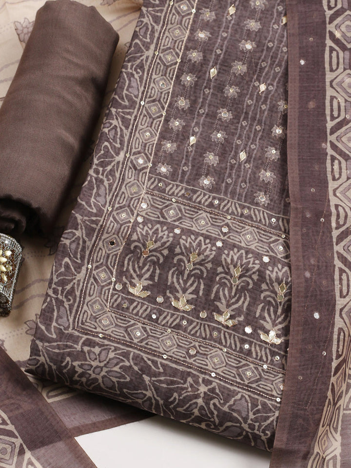 Embroidered Chanderi Unstitched Suit With Pant &amp; Dupatta