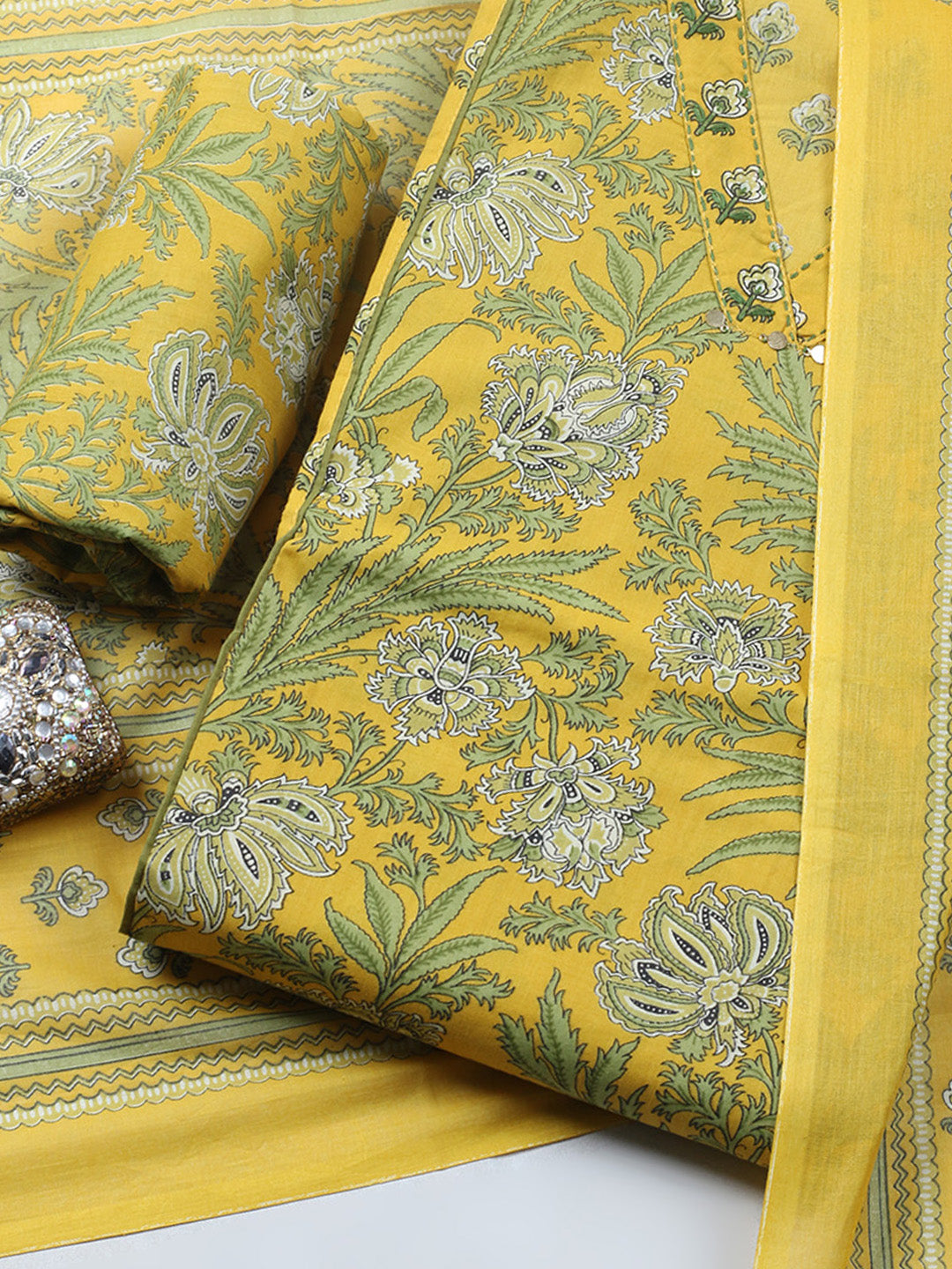 Printed Chanderi Unstitched Suit With Pant &amp; Dupatta