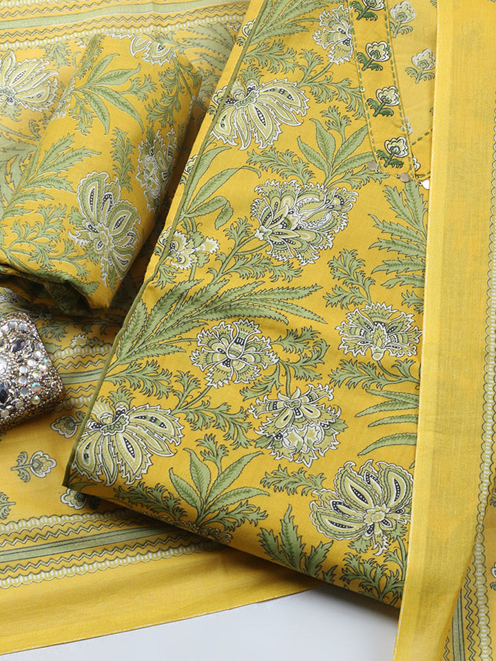 Printed Chanderi Unstitched Suit With Pant &amp; Dupatta