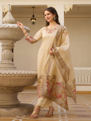 Embroidered Cotton Blend Kurta With Pants & Dupatta