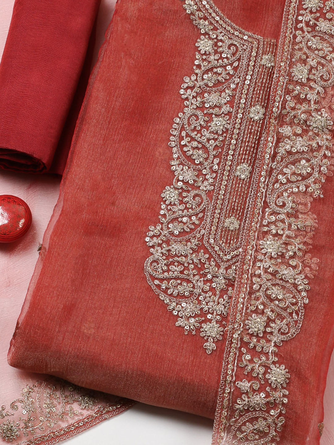 Embroidered Tissue Unstitched Suit With Pant &amp; Dupatta