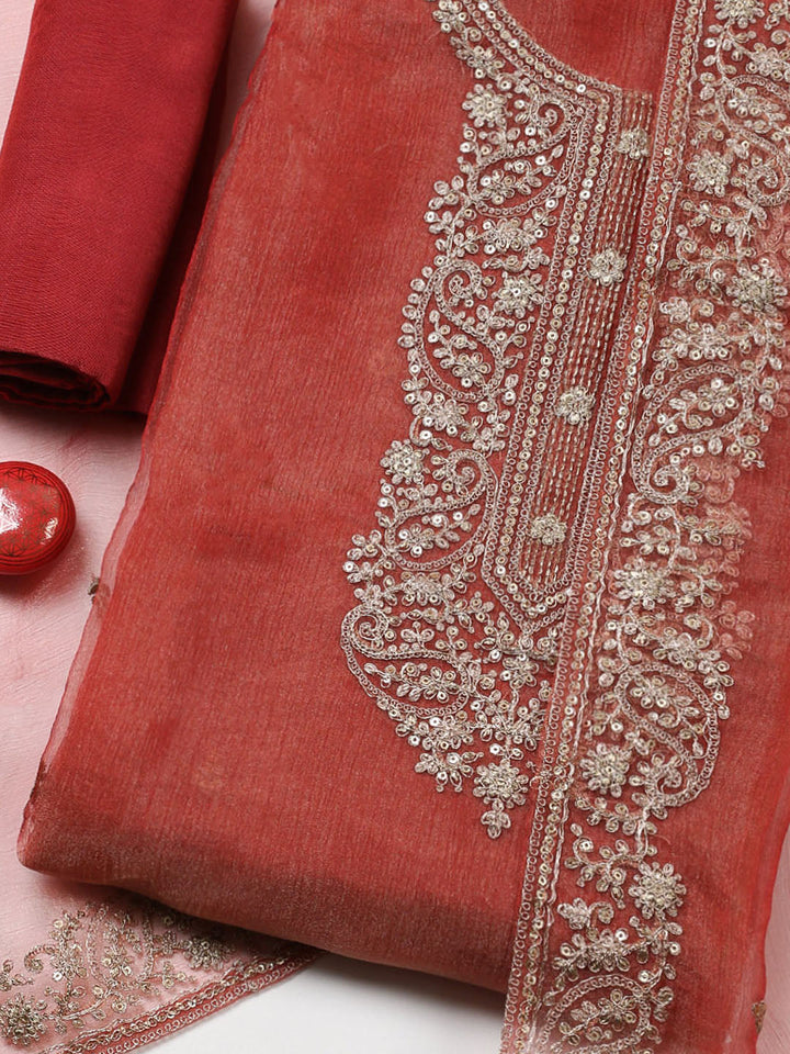 Embroidered Tissue Unstitched Suit With Pant &amp; Dupatta