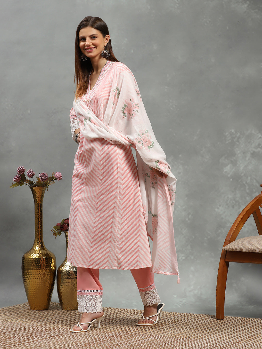 Printed Cotton Blend Kurta With Pants & Dupatta