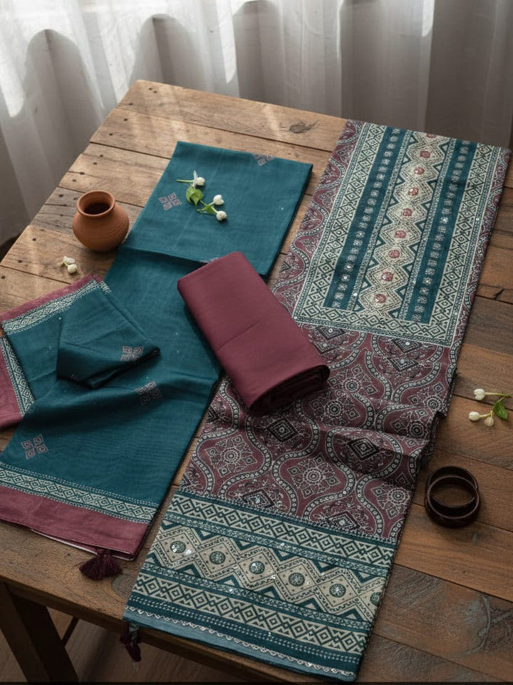 Printed Chanderi Unstitched Suit With Pant &amp; Dupatta