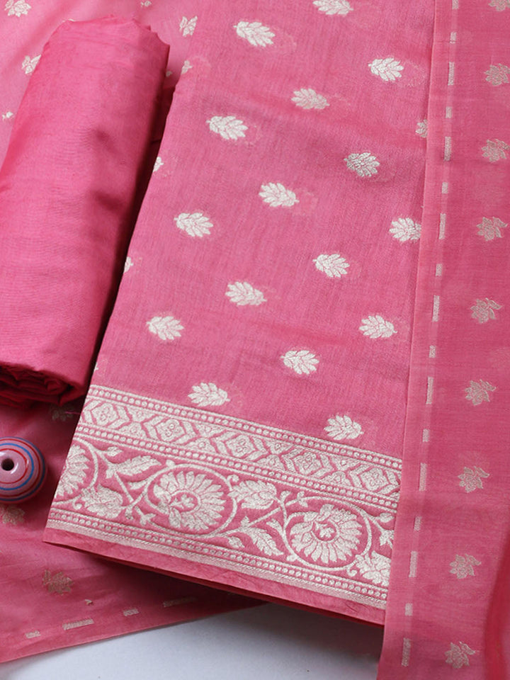 Embroidered Chanderi Unstitched Suit With Pant &amp; Dupatta