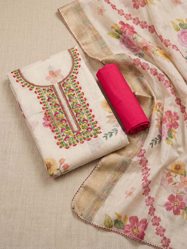 Neck Embroidered Cotton Blend Unstitched Suit With Dupatta