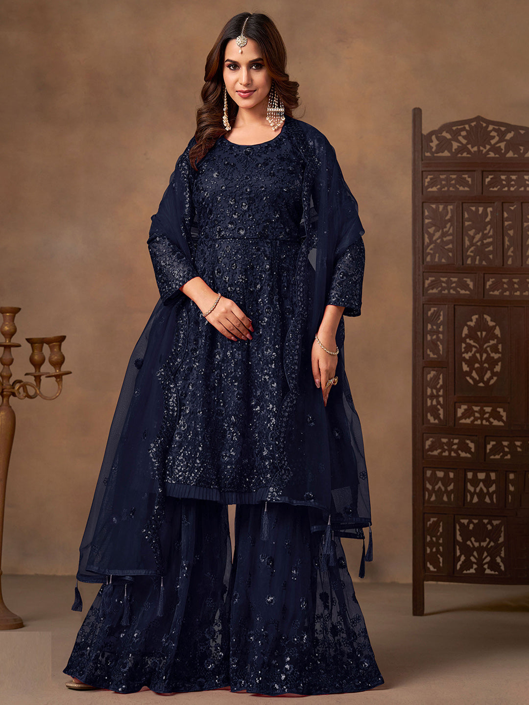 Embroidered Net Semi Stitched Kurta With Sharara &amp; Dupatta