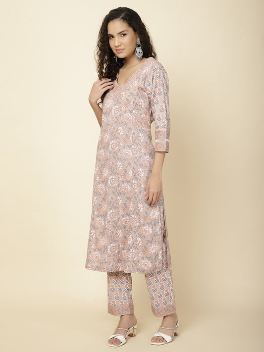 Floral Printed Cotton Kurta With Pants