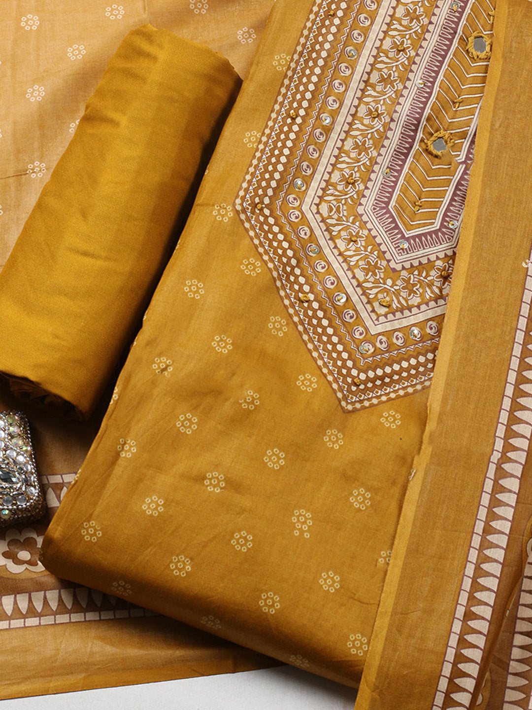Printed Cotton Blend Unstitched Suit With Pant &amp; Dupatta