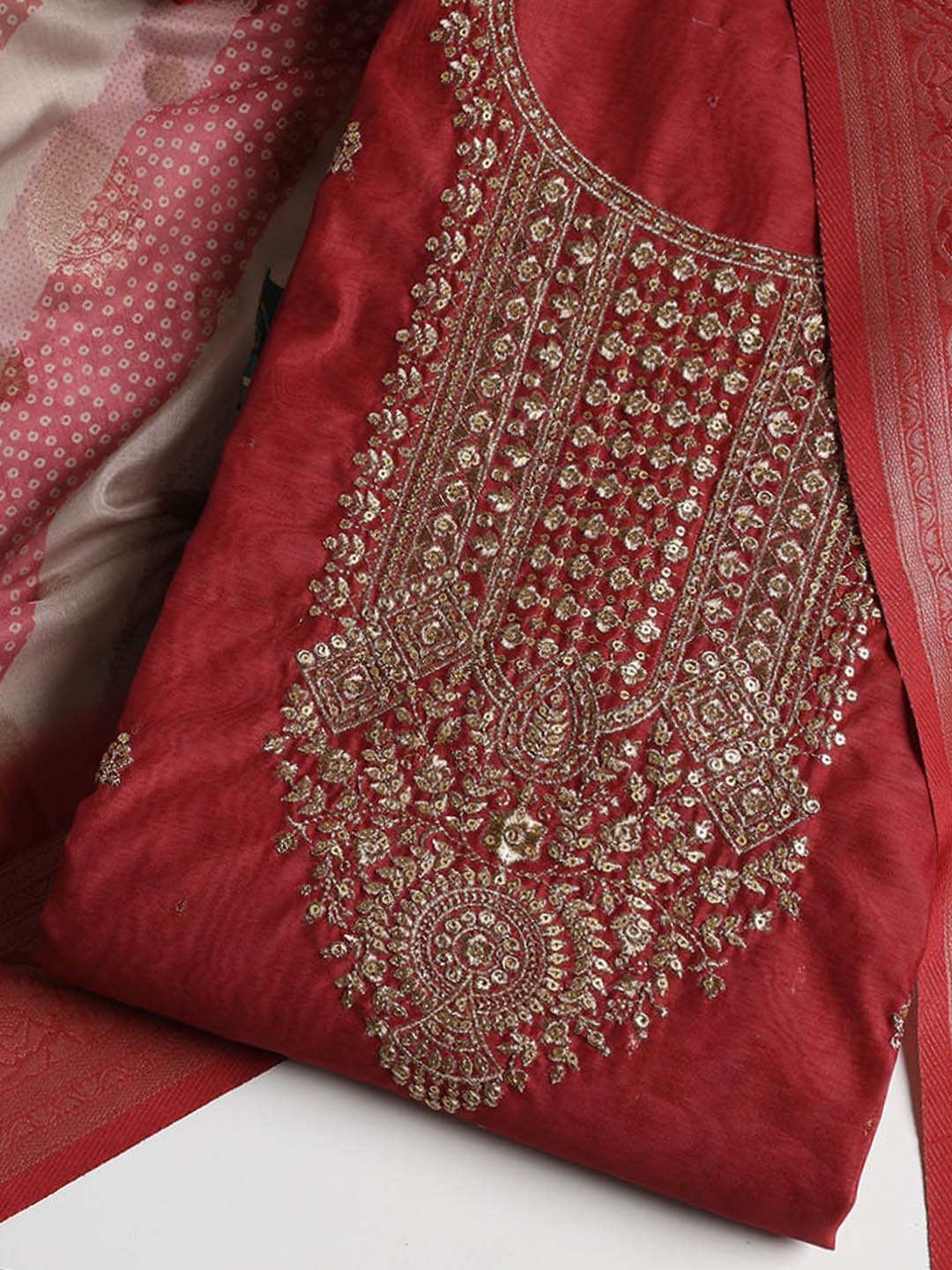Neck Embroidered Chanderi Unstitched Suit With Dupatta
