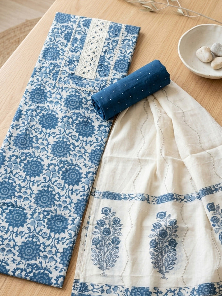 Embroidered Cotton Blend Unstitched Suit With Pant &amp; Dupatta