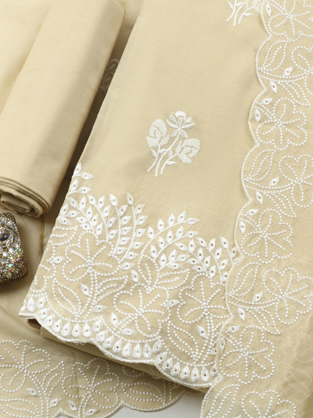 Embroidered Cotton Blend Unstitched Suit With Pant &amp; Dupatta