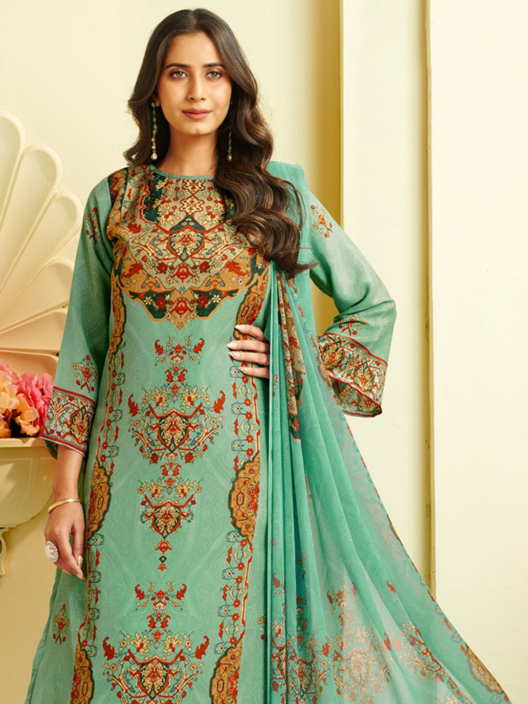 Printed Crepe Unstitched Suit With Pant &amp; Dupatta