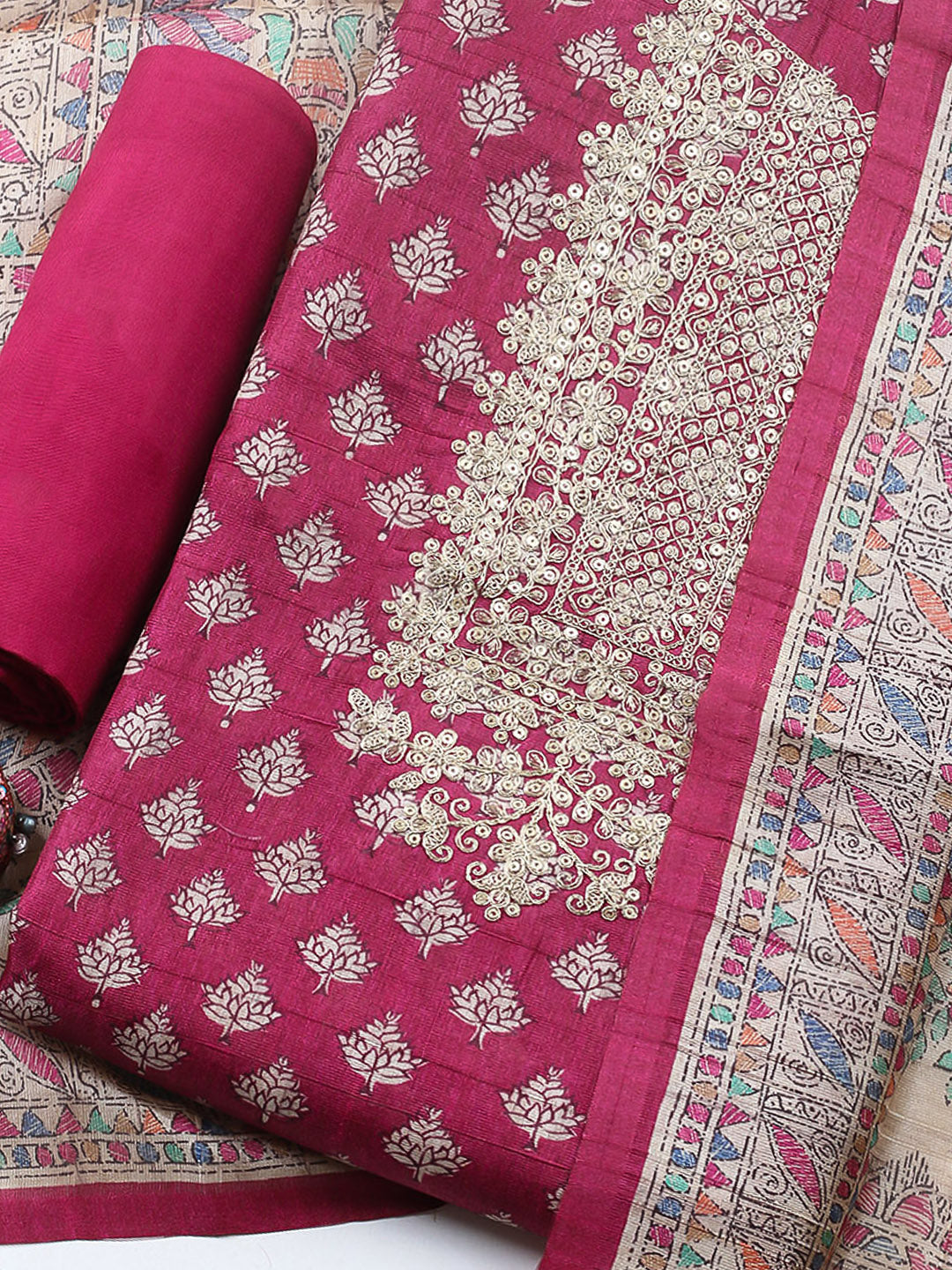 Embroidered Cotton Blend Unstitched Suit With Pant &amp; Dupatta
