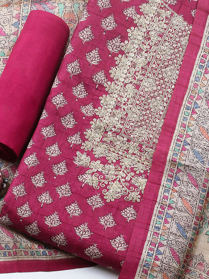 Embroidered Cotton Blend Unstitched Suit With Pant &amp; Dupatta