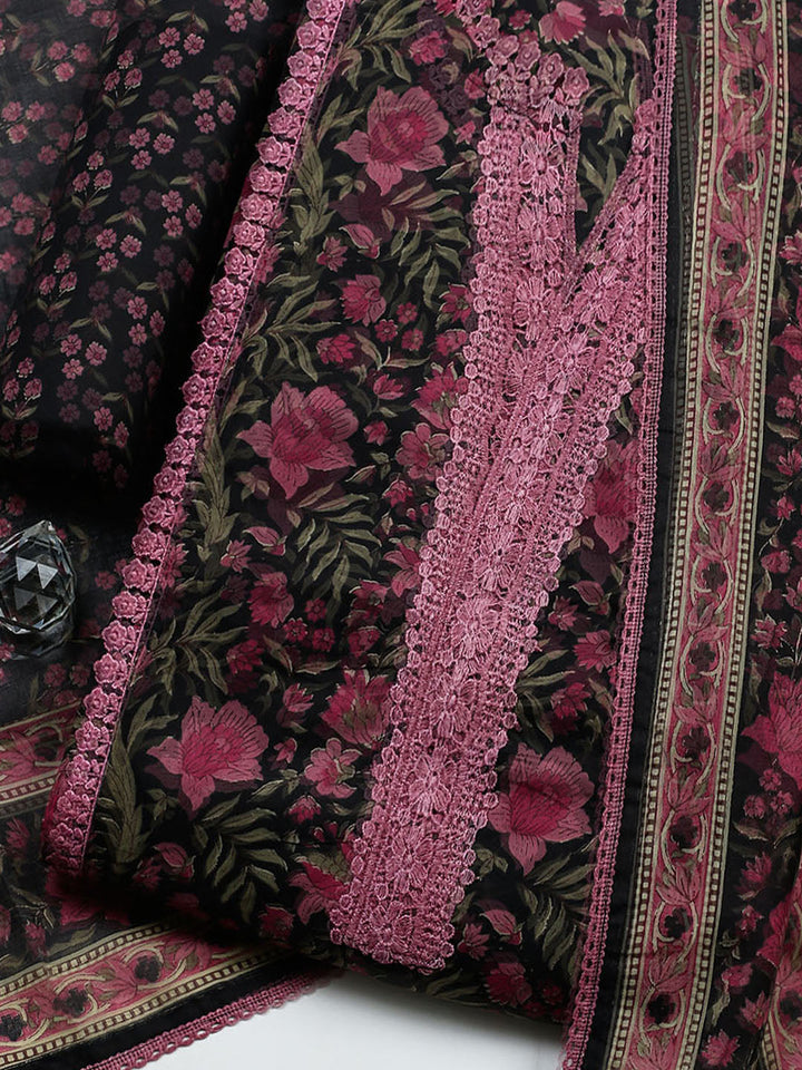Embroidered Cotton Blend Unstitched Suit With Pant &amp; Dupatta