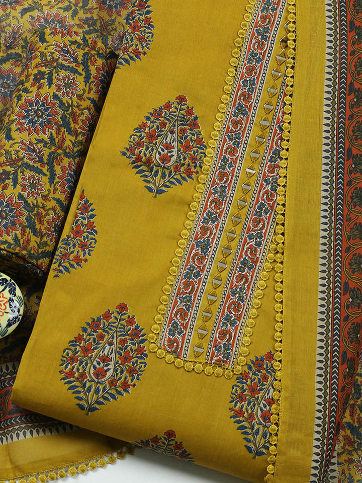 Embroidered Cotton Blend Unstitched Suit With Pant Dupatta