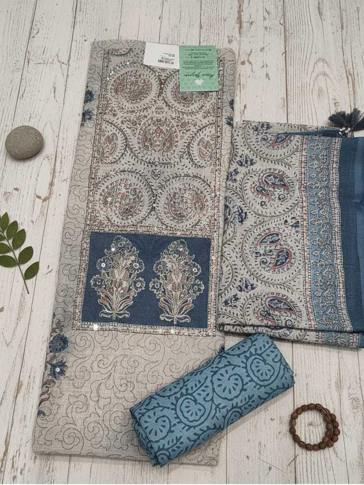 Printed Linen Blend Unstitched Suit With Pant &amp; Dupatta