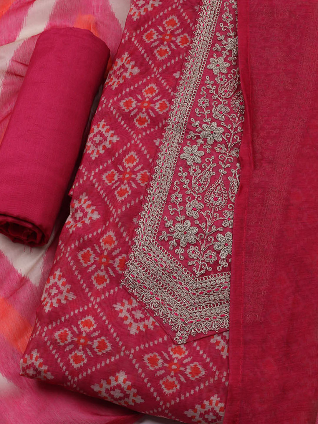 Embroidered Chanderi Unstitched Suit With Dupatta