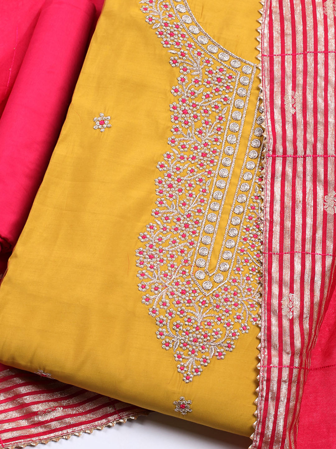 Neck Embroidered Chanderi Unstitched Suit With Dupatta