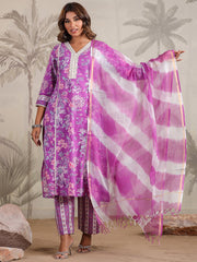 Floral Printed Cotton Blend Kurta With Pants & Dupatta