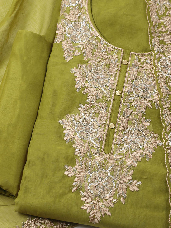Embroidered Chanderi Unstitched Kurta With Pant &amp; Dupatta