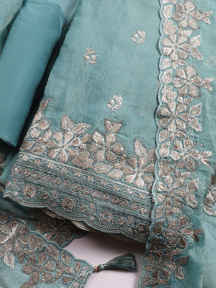 Embroidered Organza Unstitched Suit With Pant &amp; Dupatta