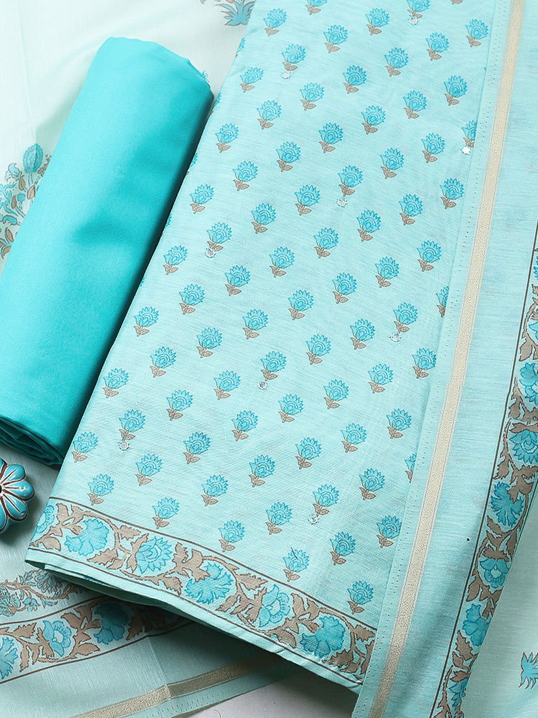 Printed Chanderi Unstitched Suit With Pant &amp; Dupatta