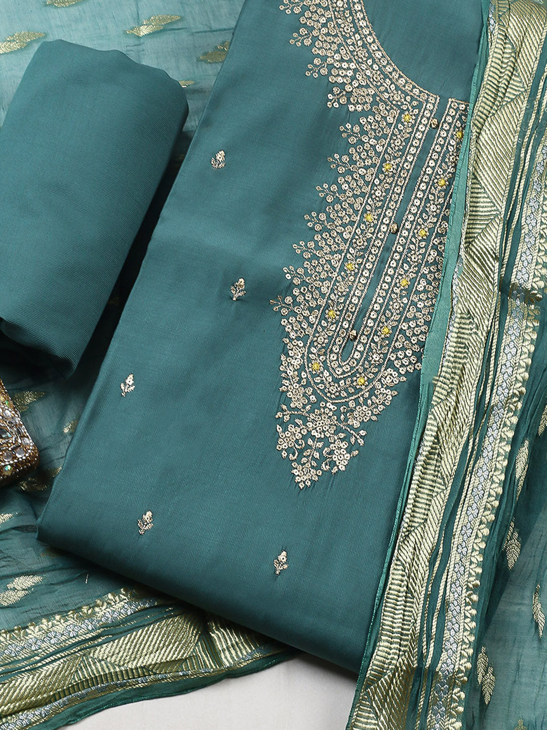 Embroidered Chanderi Unstitched Suit With Pant &amp; Dupatta