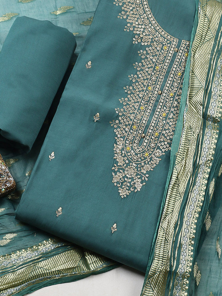 Embroidered Chanderi Unstitched Suit With Pant &amp; Dupatta