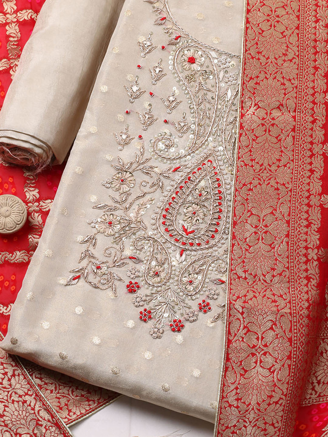 Embroidered Chanderi Unstitched Suit With Pant &amp; Dupatta