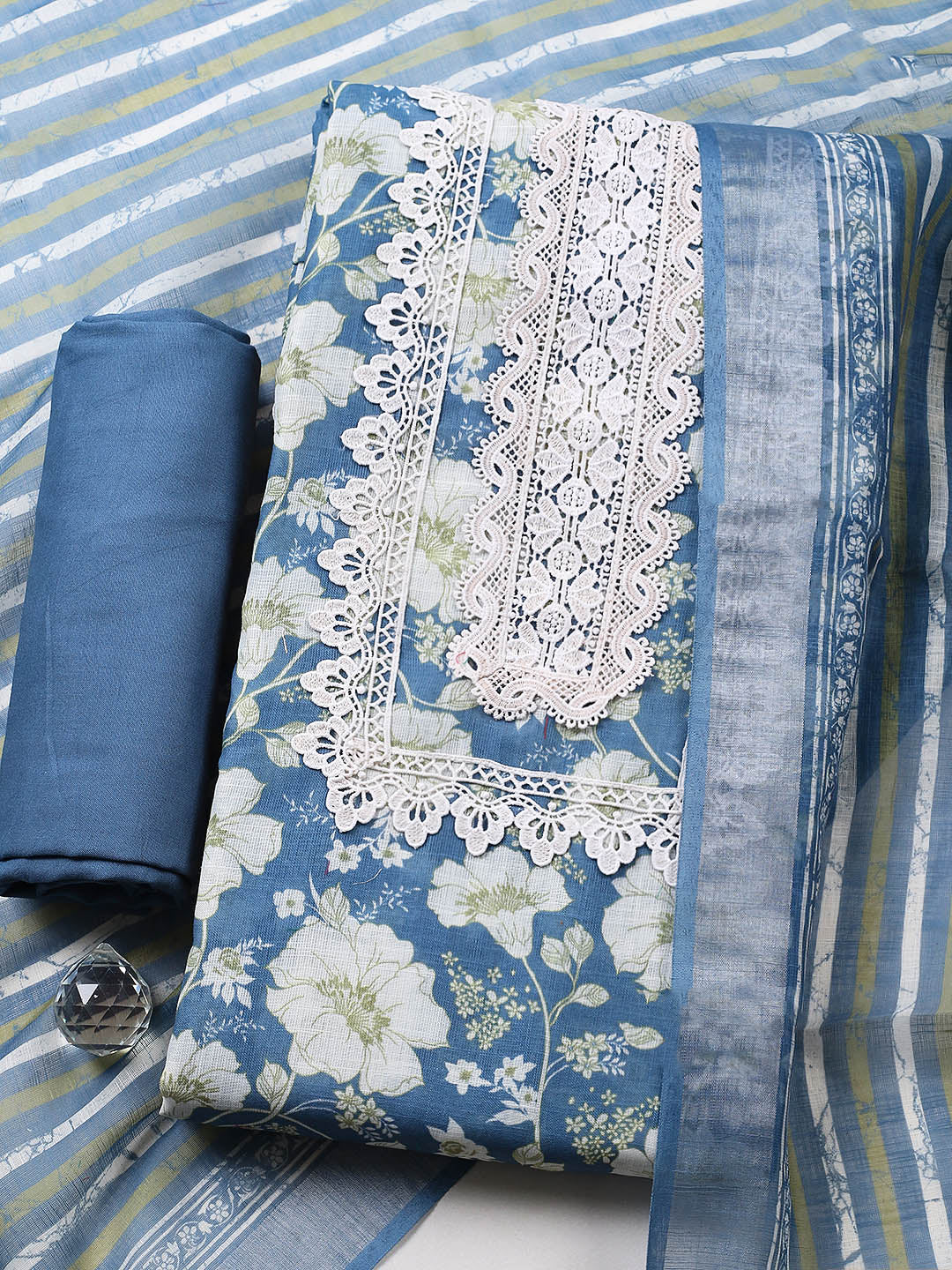 Embroidered Linen Blend Unstitched Suit With Pant &amp; Dupatta