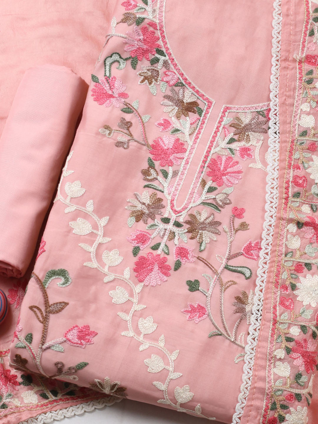 Embroidered Chanderi Unstitched Suit With Pant &amp; Dupatta