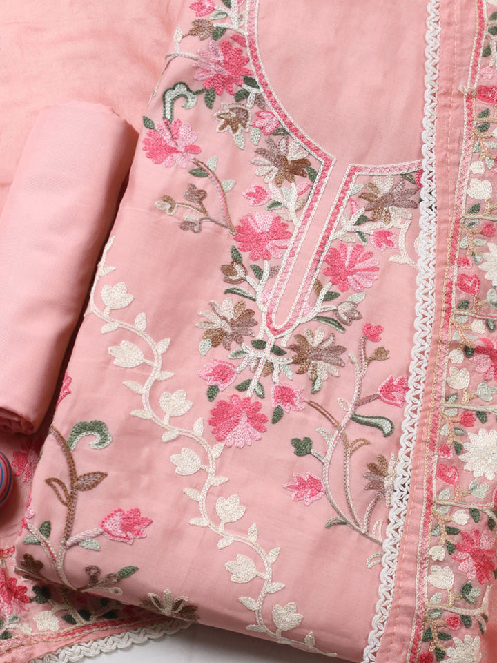 Embroidered Chanderi Unstitched Suit With Pant &amp; Dupatta