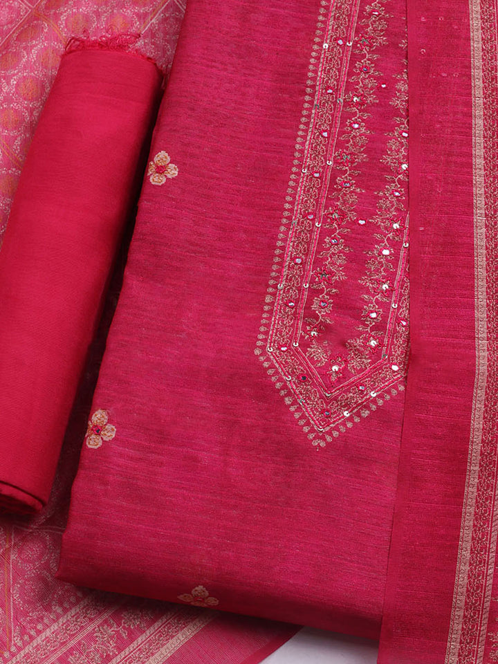 Embroidered Chanderi Unstitched Suit With Dupatta