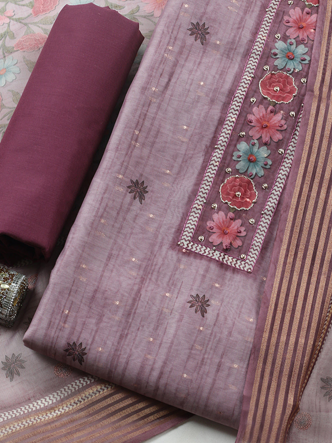 Embroidered Cotton Blend Unstitched Suit With Pant &amp; Dupatta