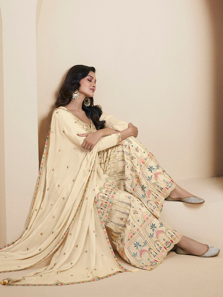 Embroidered Chinon Semi Stitched Suit With Pant &amp; Dupatta