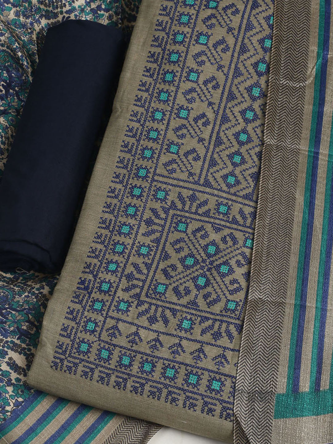 Embroidered Chanderi Unstitched Suit With Pant &amp; Dupatta