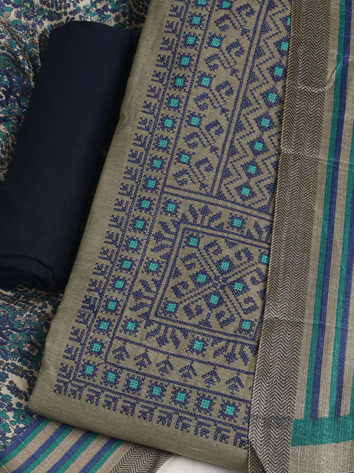 Embroidered Chanderi Unstitched Suit With Pant &amp; Dupatta