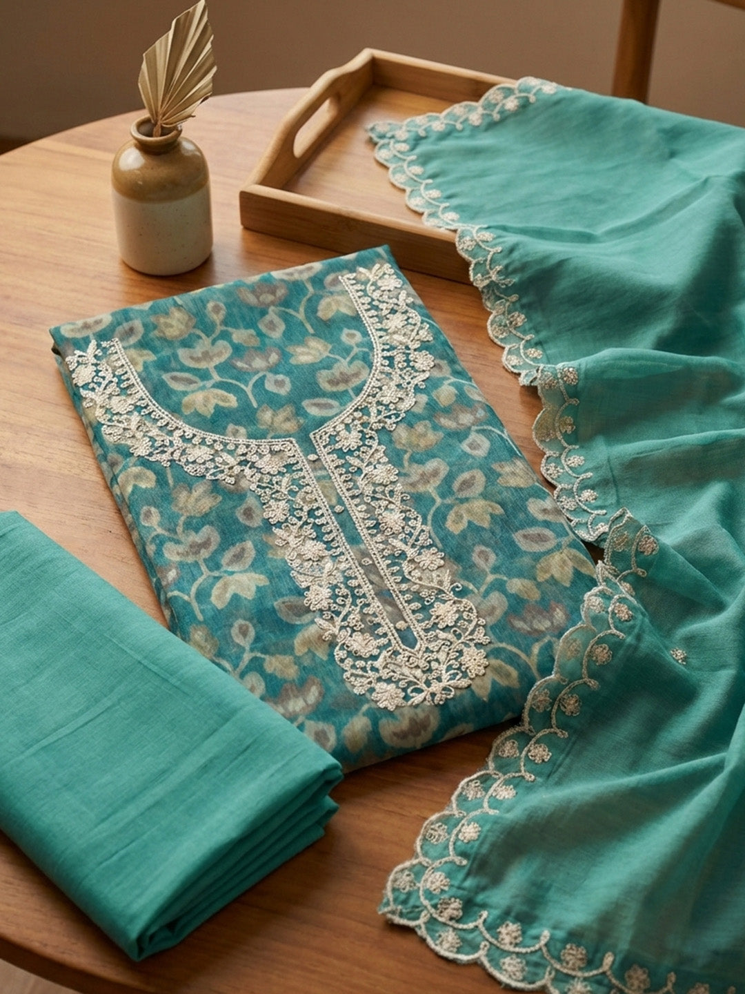 Embroidered Cotton Blend Unstitched Suit With Pant &amp; Dupatta