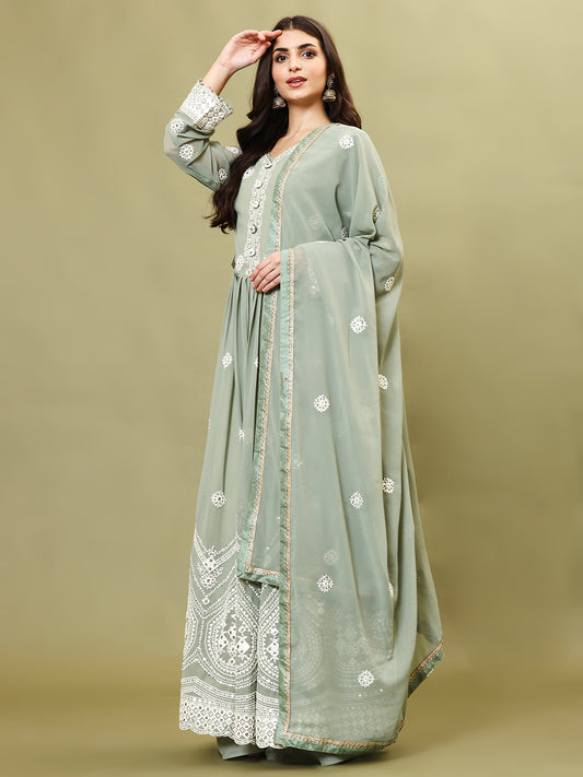 Resham Embroidered Georgette Kurta With Palazzo And Dupatta