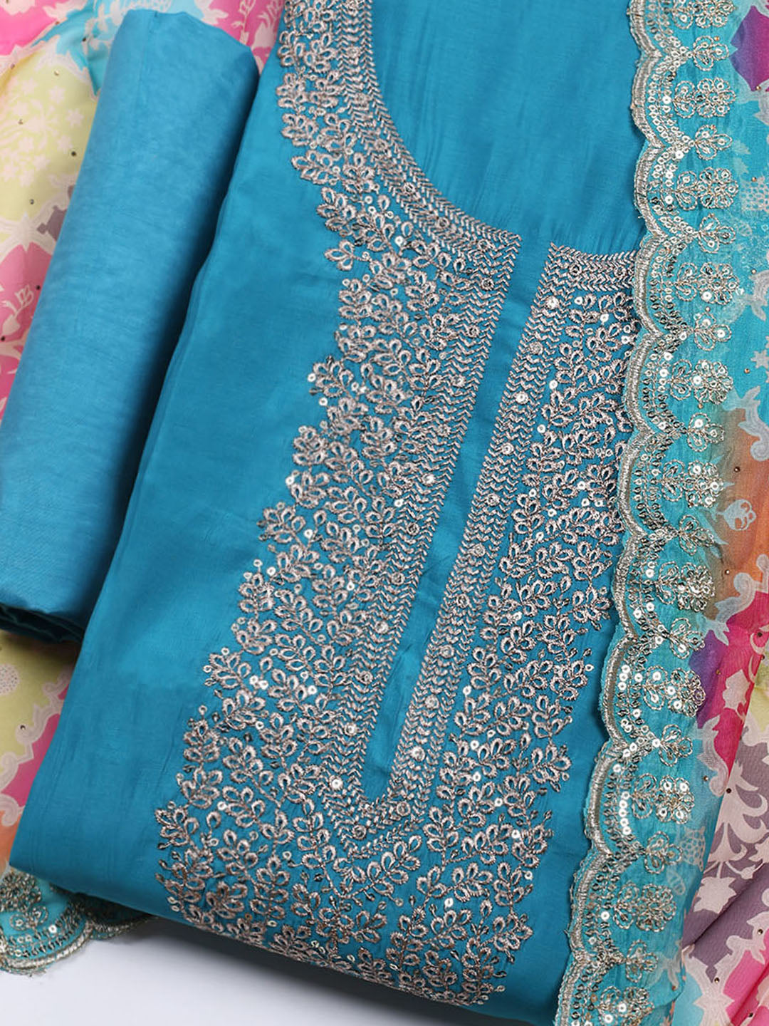 Neck Embroidered Chanderi Unstitched Suit With Dupatta