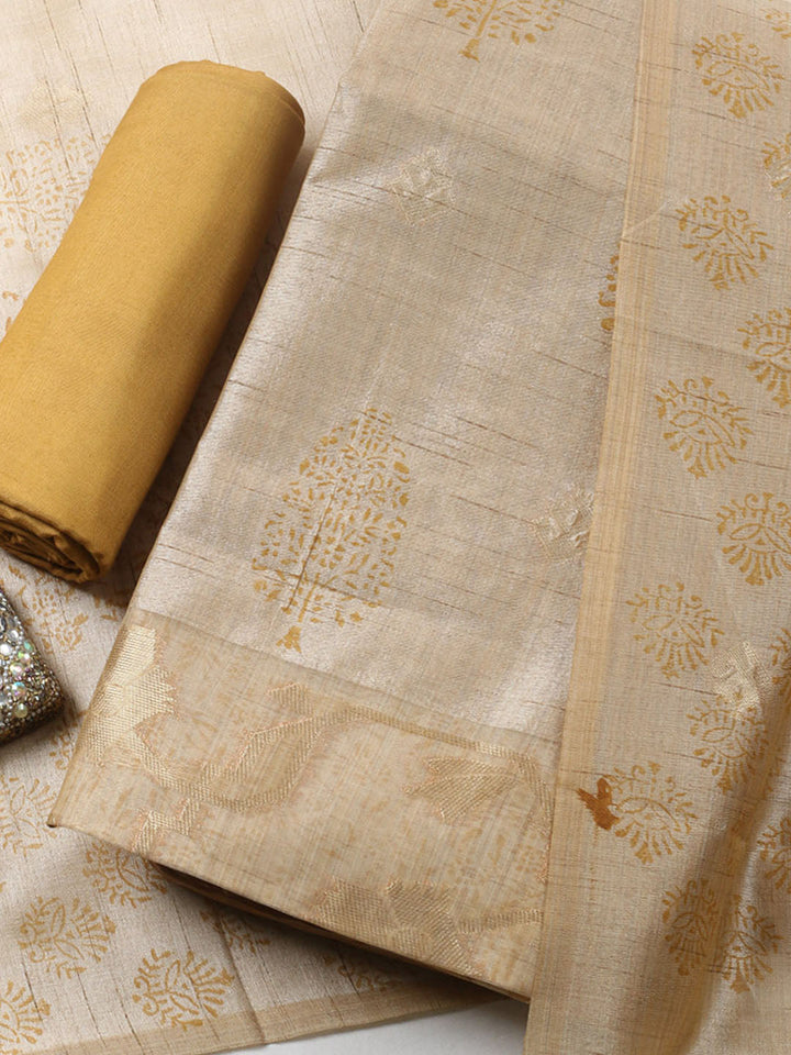 Printed Cotton Blend Unstitched Suit With Pant &amp; Dupatta