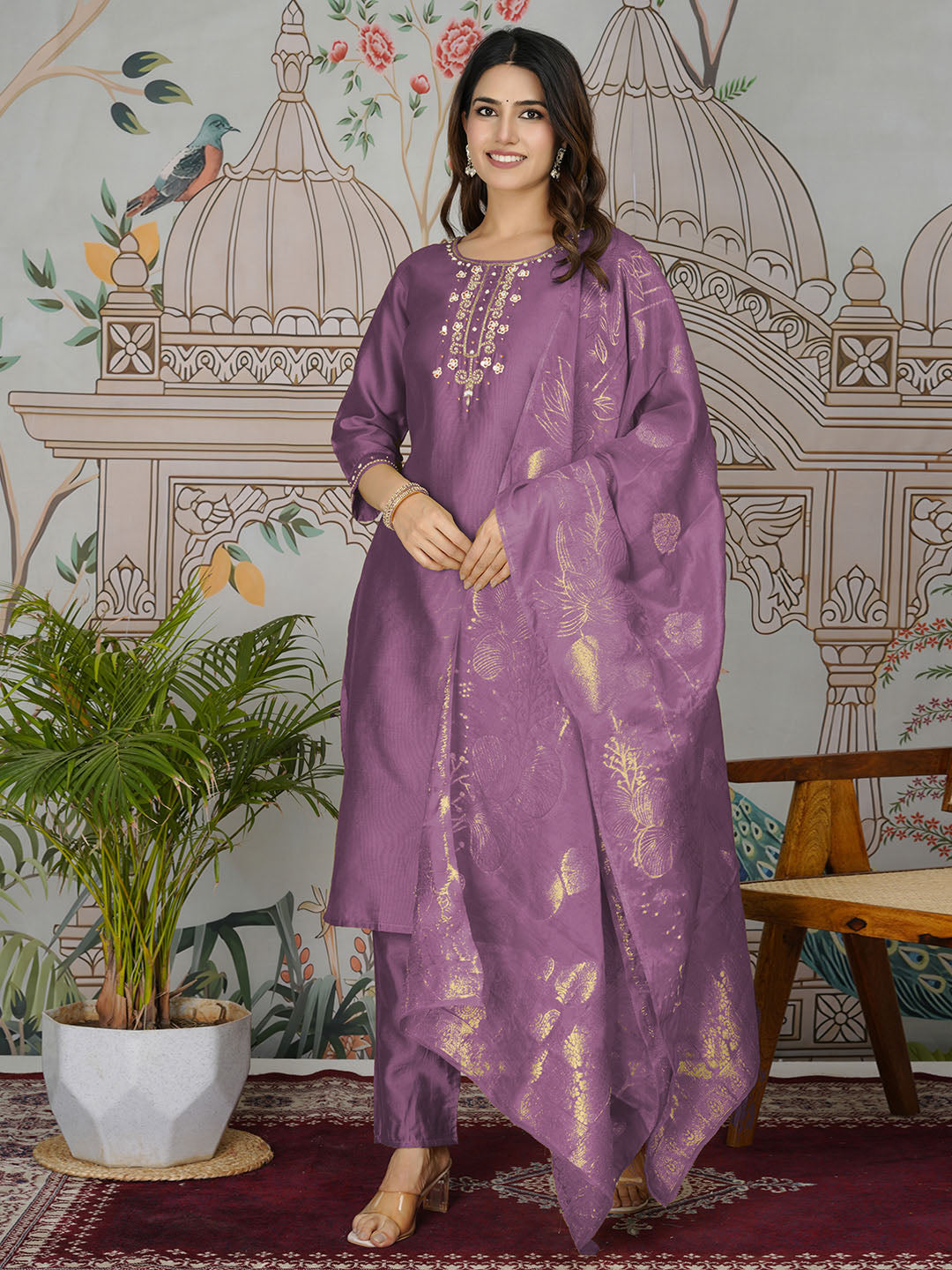 Embroidered Tissue Kurta With Pants &amp; Dupatta
