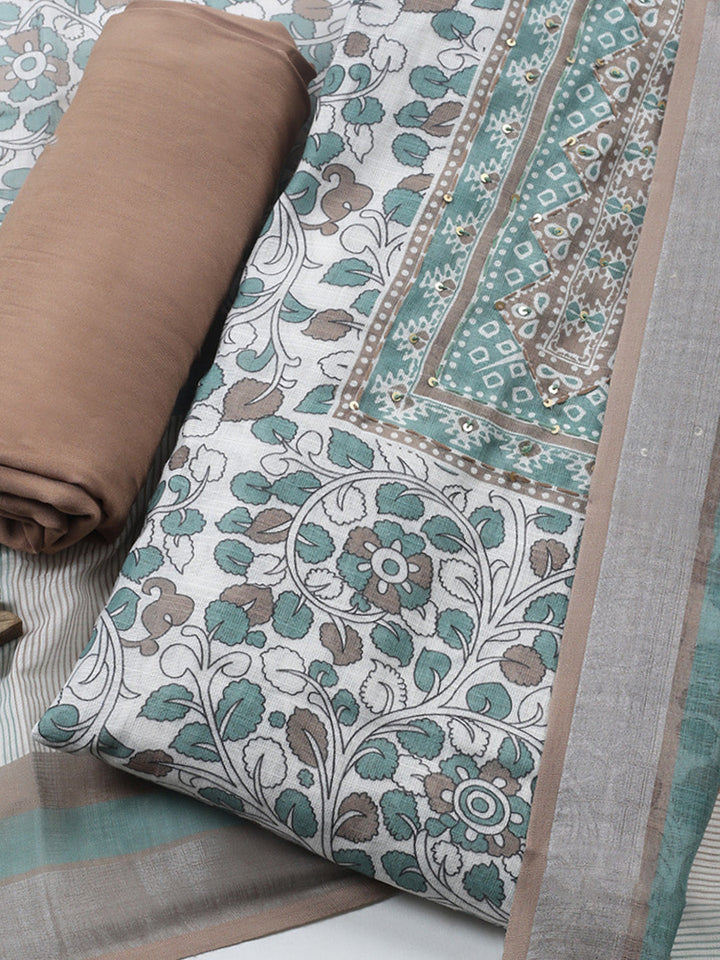 Printed Linen Blend Unstitched Suit With Pant &amp; Dupatta