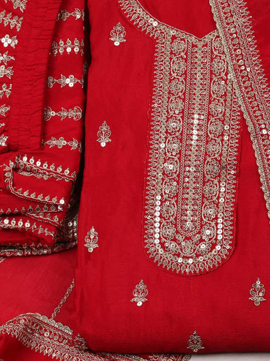 Embroidered Chinon Red Unstitched Suit With Pant &amp; Dupatta