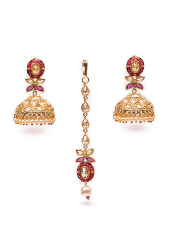 Golden & Red Polki Necklace Set With Earrings & Tikaa