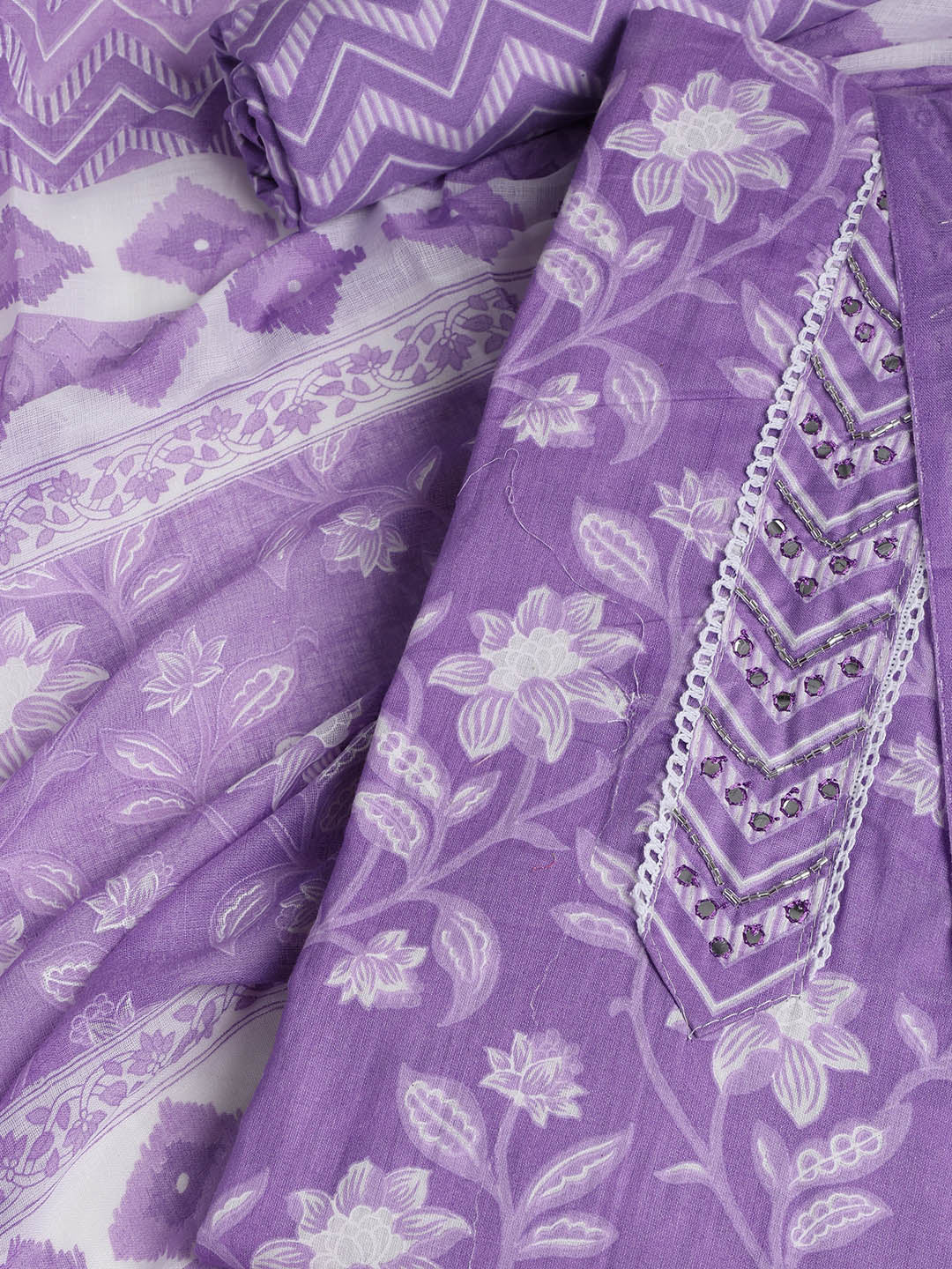 Printed Cotton Blend Unstitched Suit With Dupatta