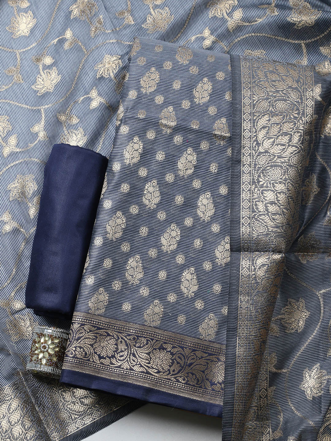 Banarasi Chanderi Unstitched Suit With Pant &amp; Dupatta